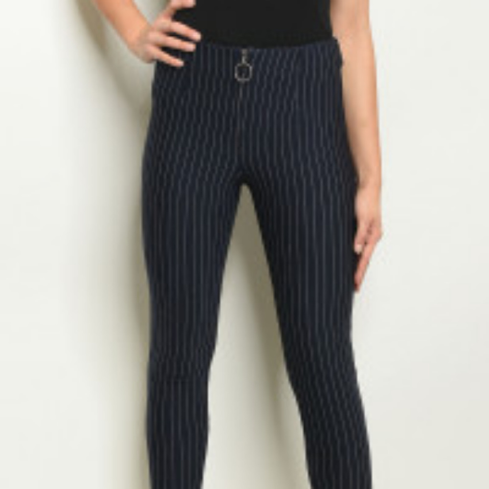 Mid rise striped skinny trousers.